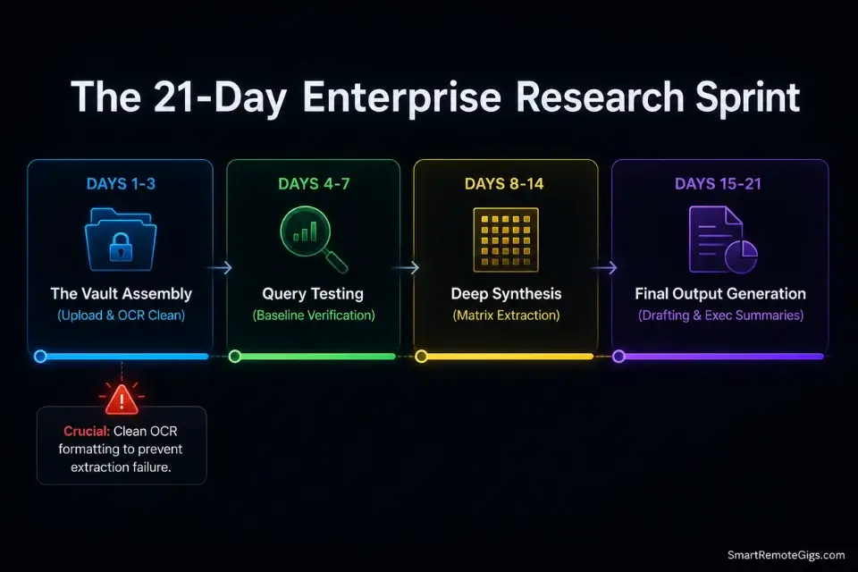 A 21-day execution plan timeline for building a secure, citation-verified AI research vault and synthesis pipeline.