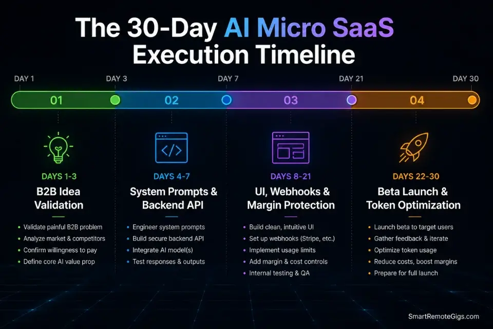 30-day timeline roadmap detailing the exact sprint to launch profitable AI micro saas ideas.