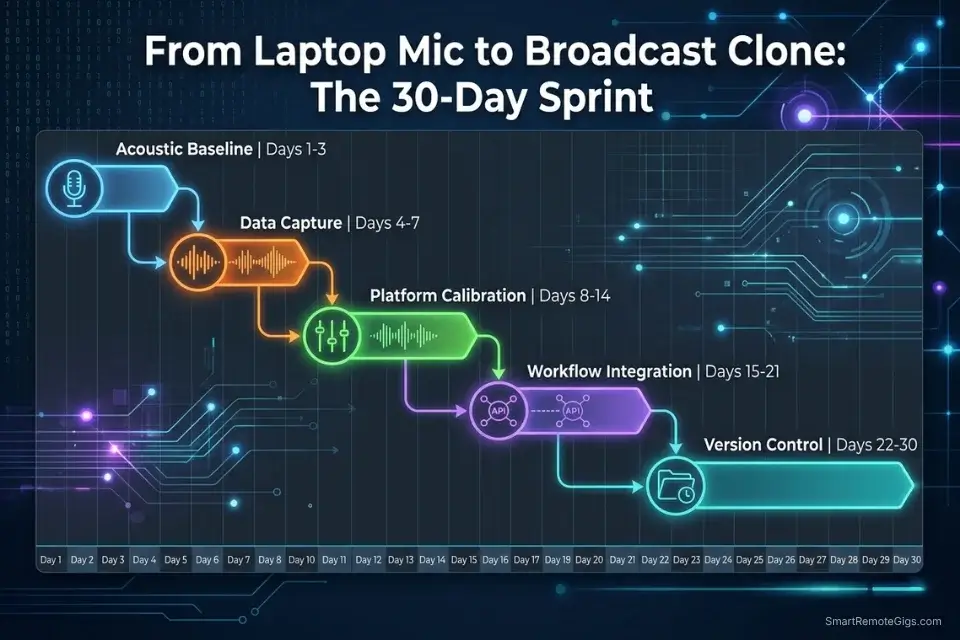 A 30-day execution roadmap infographic detailing the steps to capture, calibrate, and automate an AI voice clone.