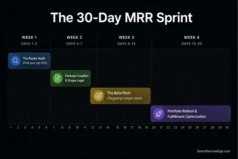 A 30-day execution roadmap detailing how to audit your clients, build packages, and close your first freelance retainer package.