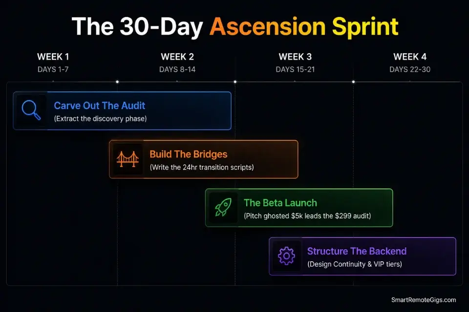 A 30-day execution roadmap detailing how to build and launch a four-tier freelance value ladder.