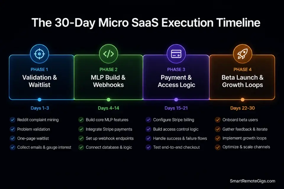 30-day timeline roadmap detailing exactly how to build a micro saas from idea to first MRR.