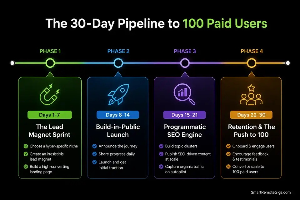 30-day timeline roadmap detailing the exact micro saas marketing sprint to acquire 100 paid users.
