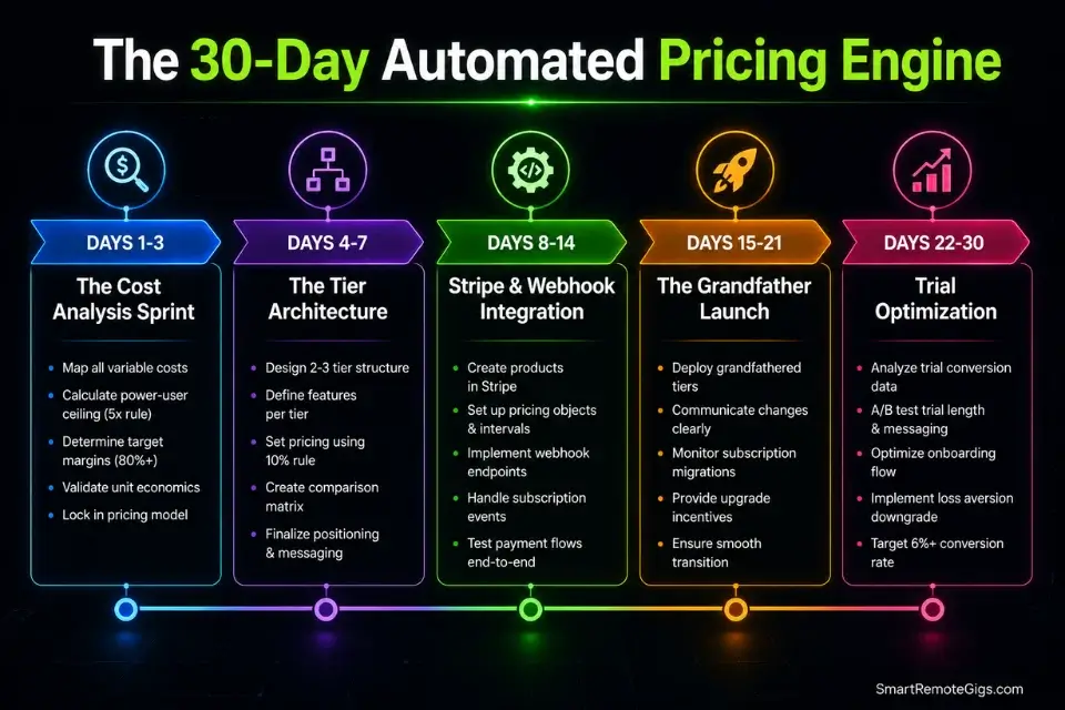 30-day timeline roadmap detailing the exact sprint for how to price a micro saas and launch subscriptions.