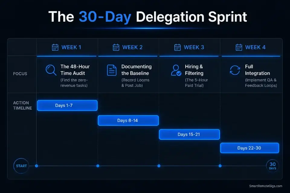 A 30-day step-by-step execution roadmap to safely hire, train, and outsource freelance work to a virtual assistant.