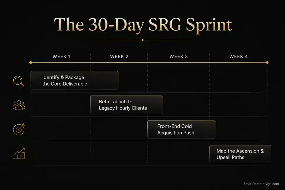 A 30-day execution roadmap and timeline to productize freelance services and migrate legacy clients.