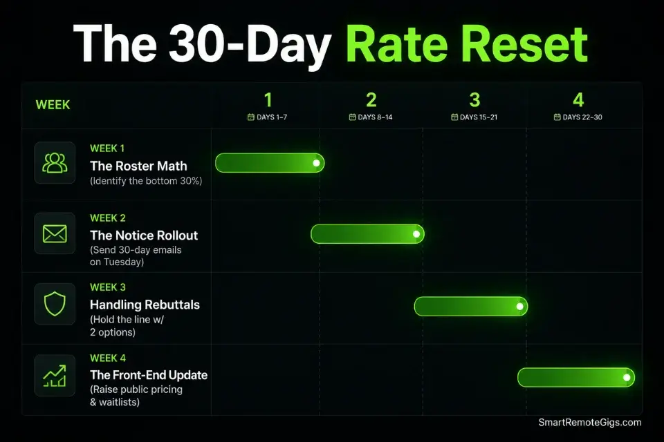 A step-by-step 30-day execution plan detailing exactly when to send rate increase notices, handle pushback, and update public freelance pricing.