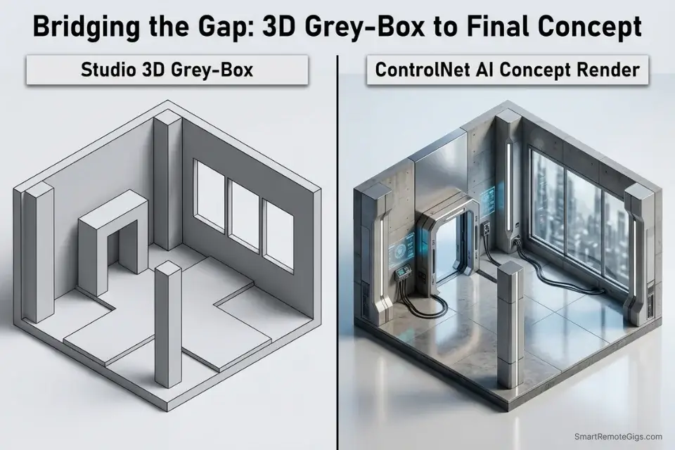 Before and after comparison of a 3D indie game grey-box transformed into highly detailed AI concept art using ControlNet.