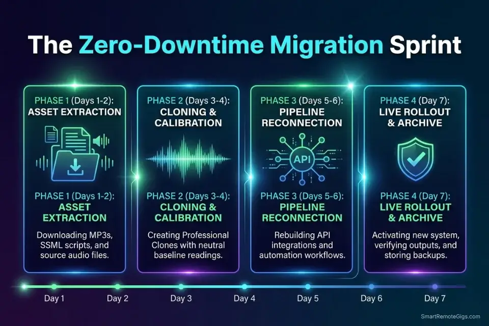 A 7-day execution roadmap infographic detailing the steps to successfully migrate AI audio infrastructure.