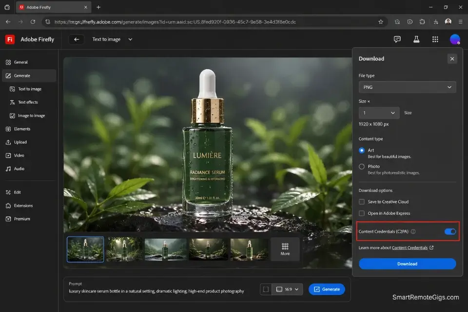 Screenshot of the Adobe Firefly 5 interface highlighting the Content Credentials export feature for safe commercial AI image generators.