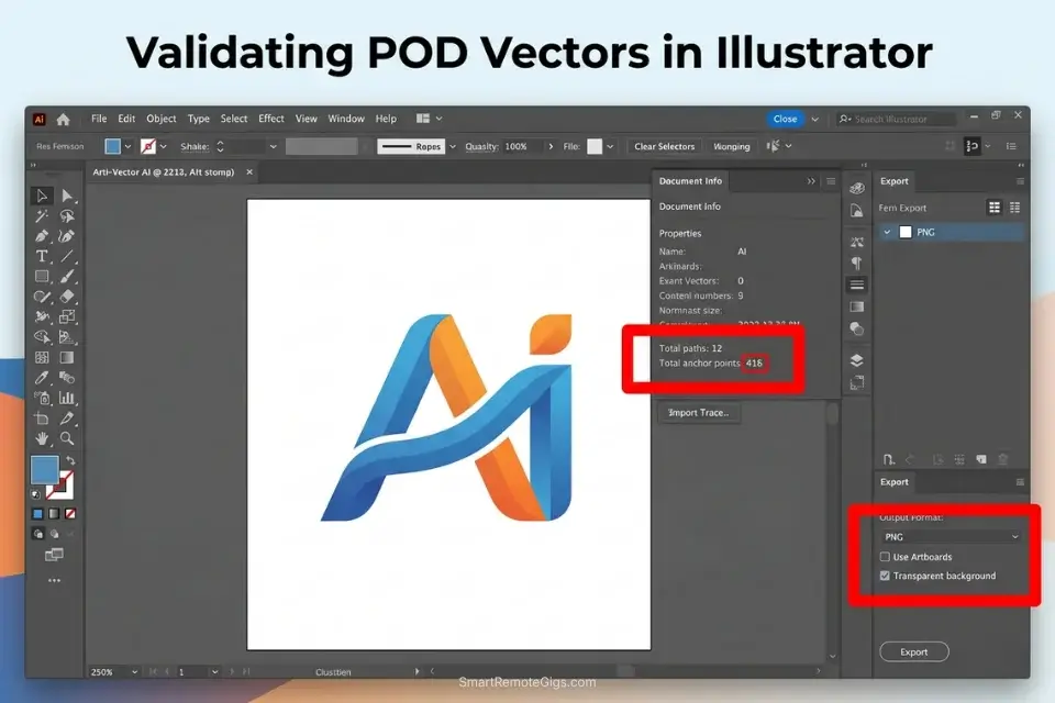Adobe Illustrator workspace showing an AI-generated flat vector being image-traced for Print on Demand with a low anchor point count.