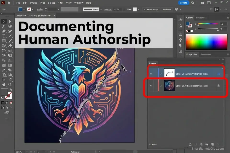 Adobe Illustrator workspace showing manual pen tool tracing over an AI-generated logo to establish legally defensible human authorship for trademarking.