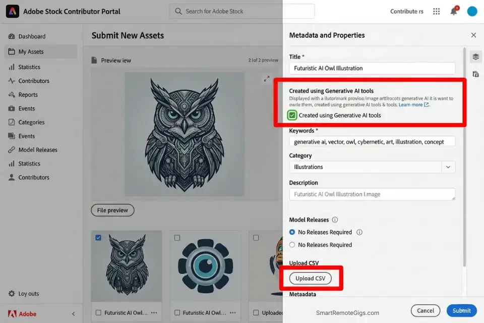 Adobe Stock contributor upload portal showing the mandatory generative AI disclosure checkbox and metadata fields.