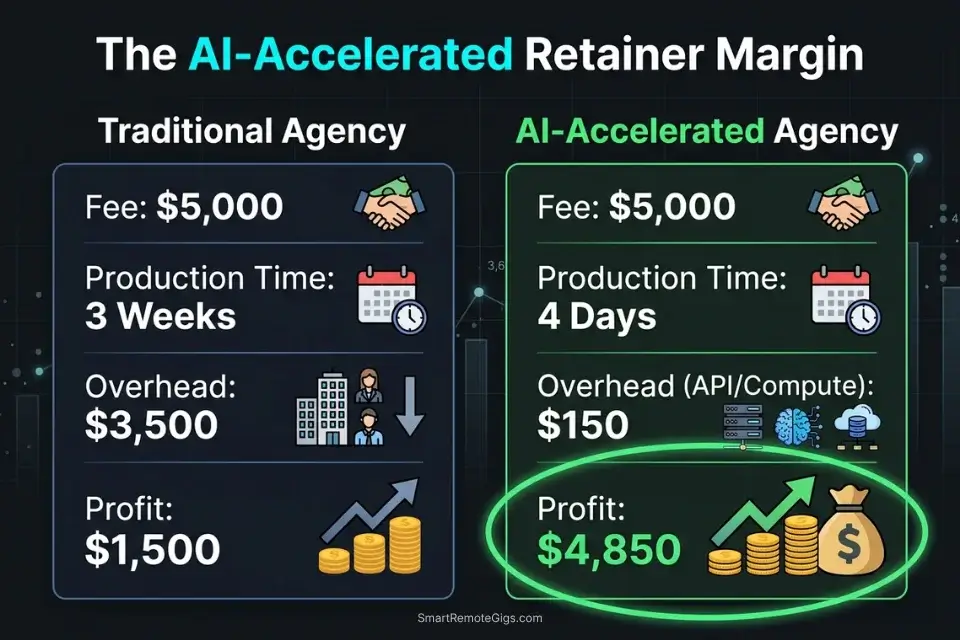Financial breakdown comparing the profit margins and turnaround times of a traditional creative agency versus an AI-accelerated agency.