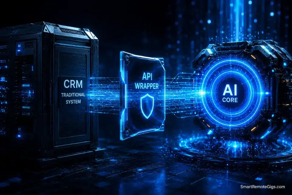 3D cinematic rendering of an AI API wrapper architecture connecting to a traditional CRM in micro saas development.