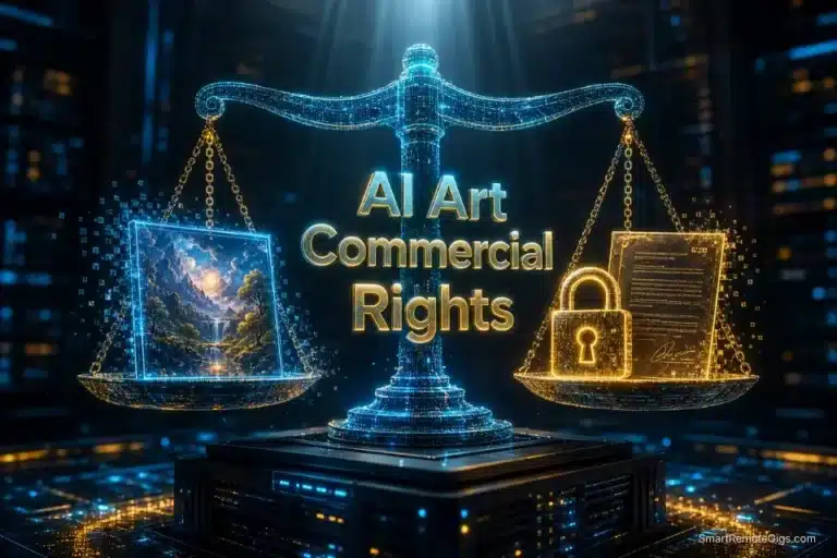 3D glowing text reading AI Art Commercial Rights over a futuristic scales of justice weighing digital assets against legal contracts.