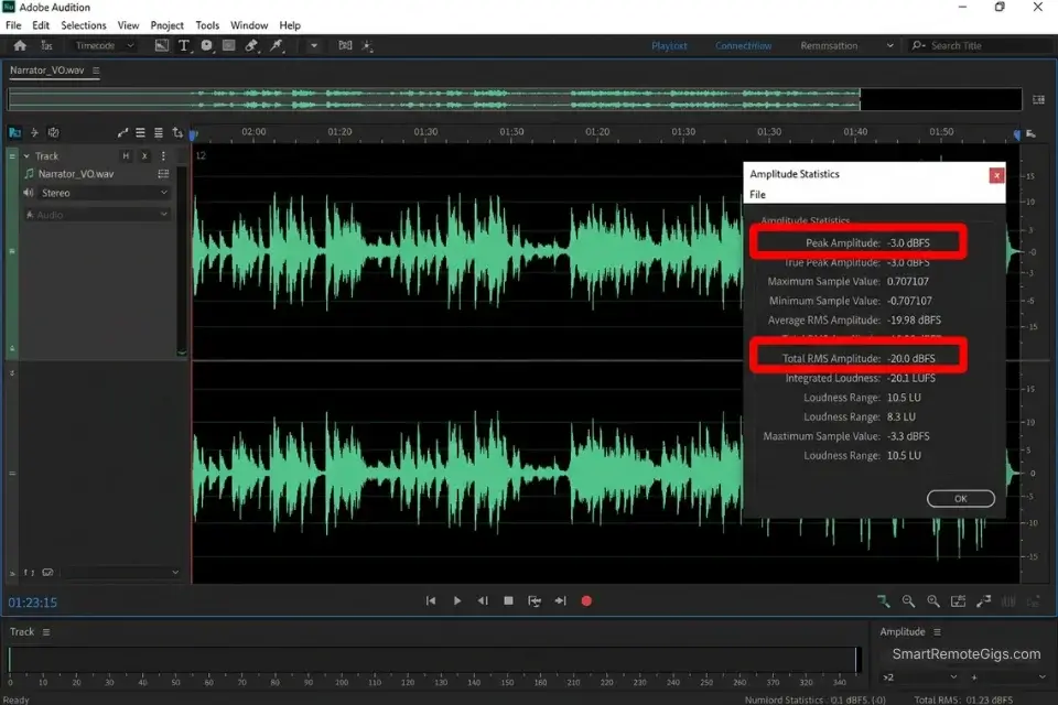 Screenshot of Adobe Audition amplitude statistics showing ACX compliant RMS and peak levels for an AI audiobook generator export.