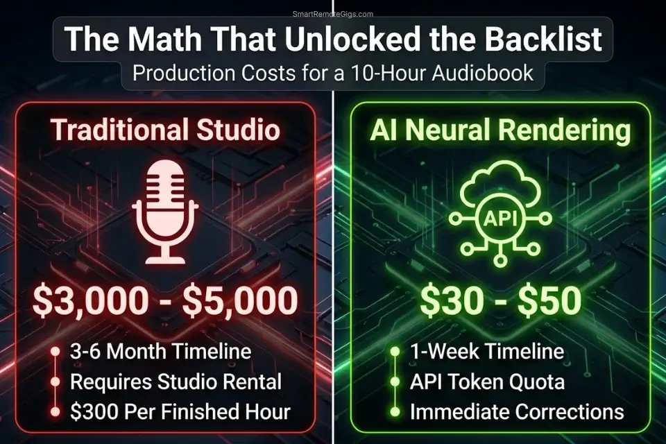 Infographic comparing the high costs of traditional studio narration versus the low API costs of the best AI audiobook generators.