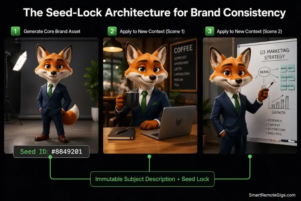 Workflow diagram showing how to use seed locking to maintain brand mascot consistency across multiple AI generated images.