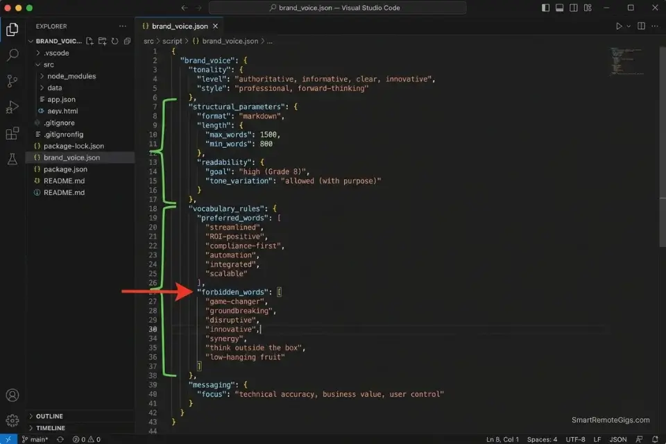 A screenshot of a JSON script used to programmatically enforce client brand voice and formatting rules in AI copywriting.