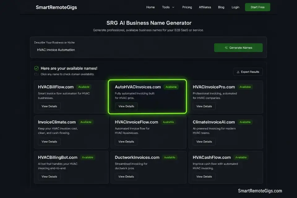 Real screenshot of the SRG AI Business Name Generator used to quickly brand a shadow launch for micro saas ideas.