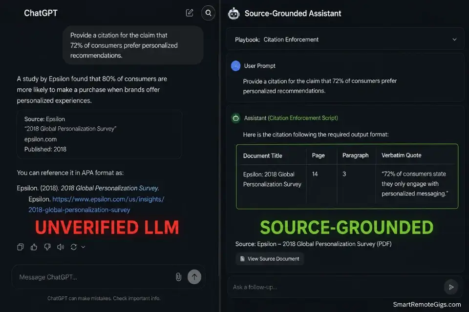 Comparison of fabricated AI citation hallucinations versus verbatim quote verification using a source-grounded research assistant.