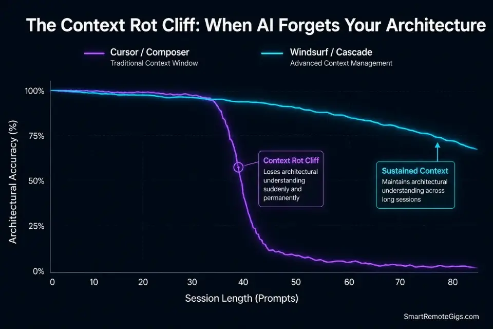 Data graph comparing the context rot cliff and architectural accuracy of Cursor vs Windsurf over long coding sessions.
