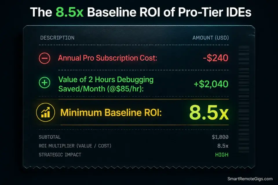 Financial breakdown showing the true cost and 8.5x return on investment for Pro tier AI code editors like Cursor and Windsurf.