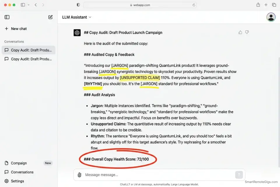 Screenshot of an AI acting as a skeptical copy editor, flagging unsupported claims and jargon in a direct response draft.