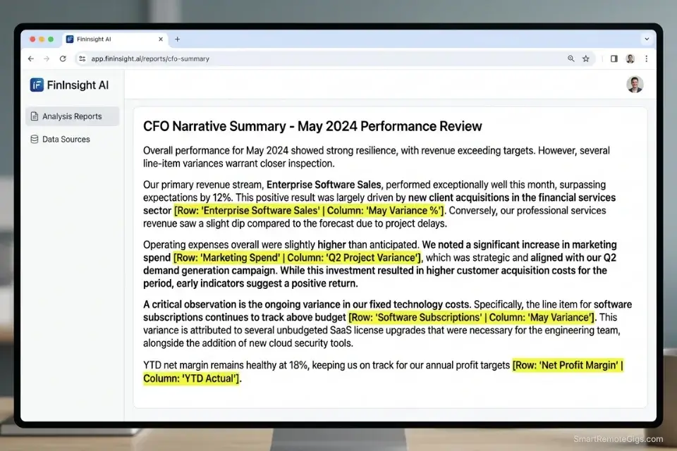 Screenshot of an AI-generated P&L narrative summary featuring exact row and column citations to prevent hallucination in financial reporting.
