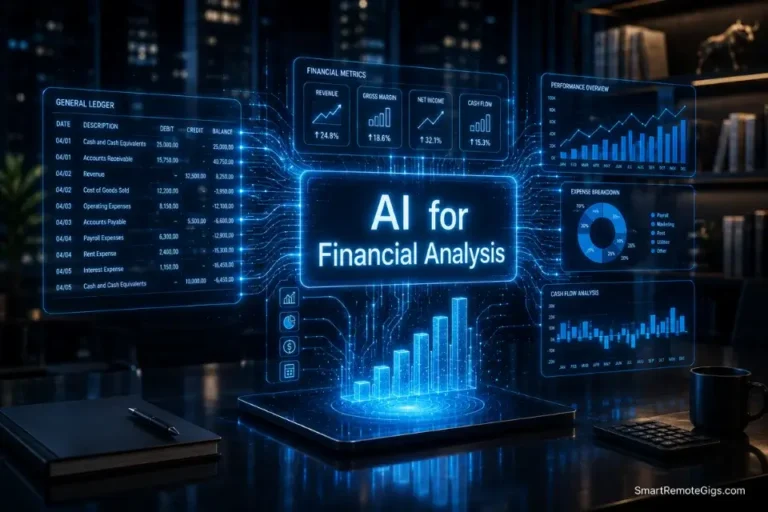 A glowing 3D holographic ledger and data pipeline illustrating the best tools and workflows using AI for financial analysis in 2026.