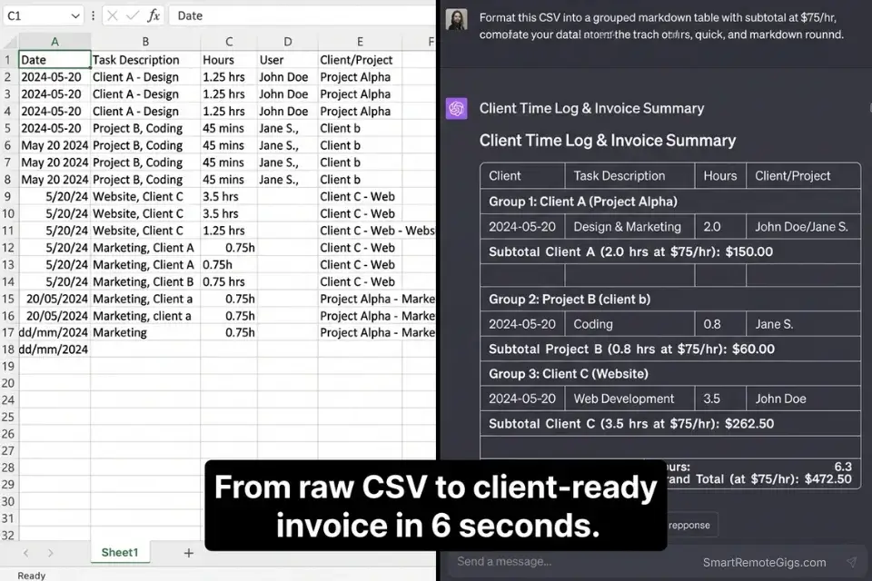 Split screen showing messy raw freelance time logs transformed into a categorized invoice table using AI data analysis.