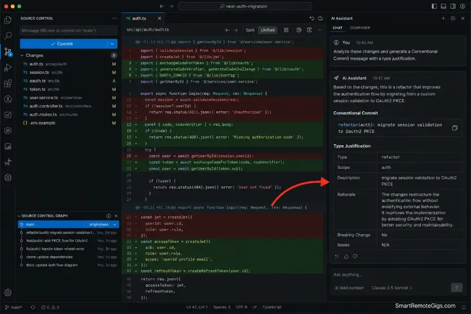 Screenshot demonstrating an AI code assistant generating structured Conventional Commits from a raw Git diff analysis.
