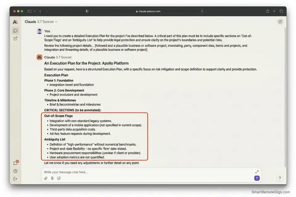 A screenshot of Claude AI generating a structured Statement of Work and identifying scope creep risks for a freelance project.