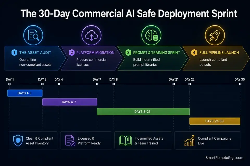 A 30-day corporate deployment timeline for migrating marketing teams to legally safe commercial AI image generators.