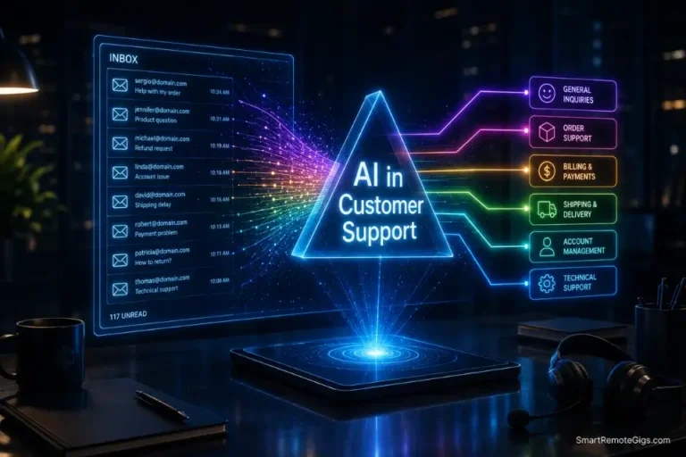 A glowing 3D holographic inbox routing messages through an AI prism, illustrating the best tools for AI in customer support in 2026.