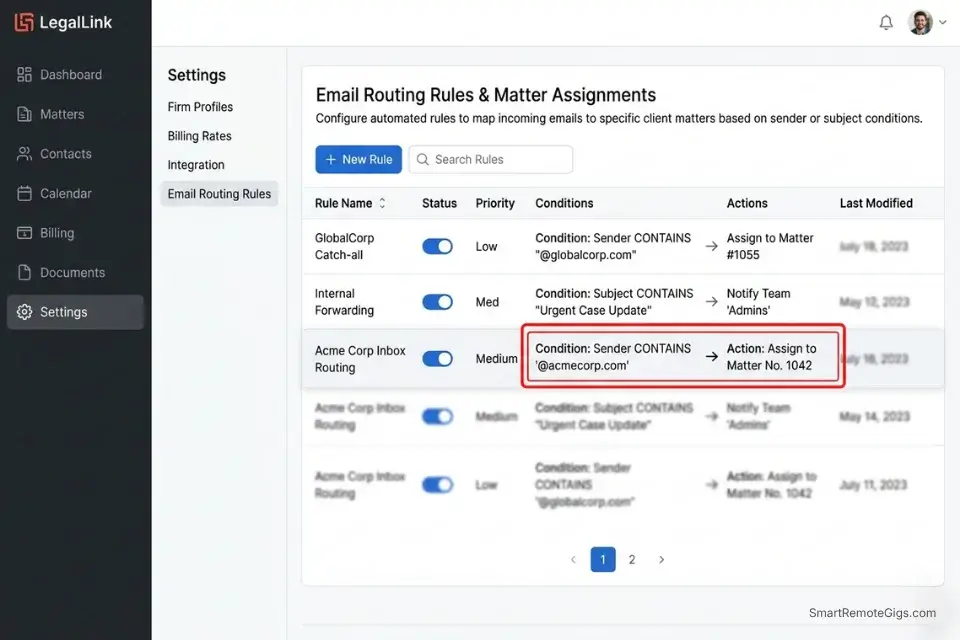 A screenshot of an automated time-tracking workflow mapping client email domains to specific billable legal matters.