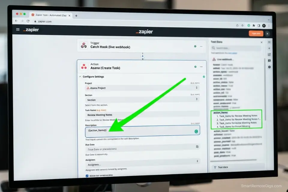 A screenshot of a webhook integration mapping an AI meeting summary directly into a project management board.