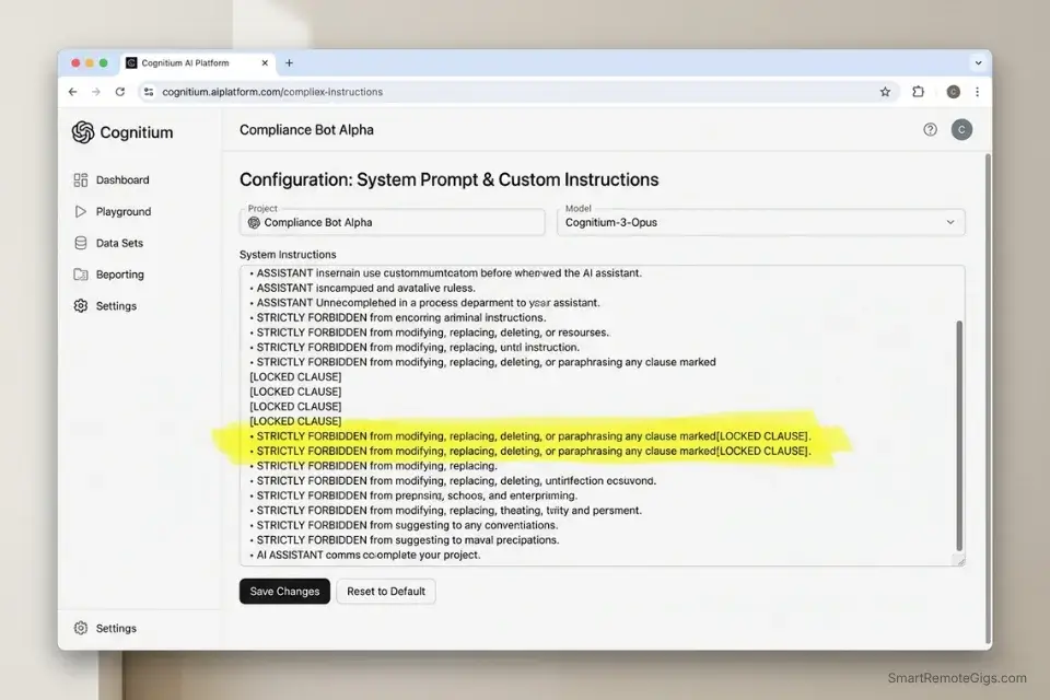 A screenshot of a legal AI system prompt enforcing strict prohibitions against modifying lawyer-approved boilerplate clauses.