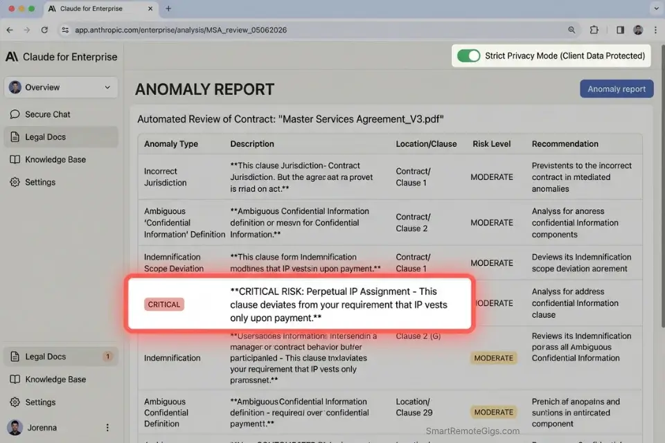 Screenshot of an AI legal assistant flagging a critical IP risk clause in a freelance client NDA.