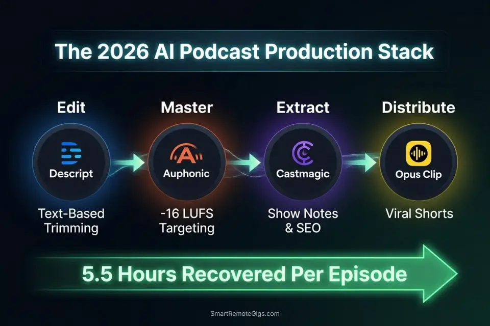 A workflow infographic detailing the four-stage AI podcasting stack that recovers 5.5 hours of post-production editing time per episode.