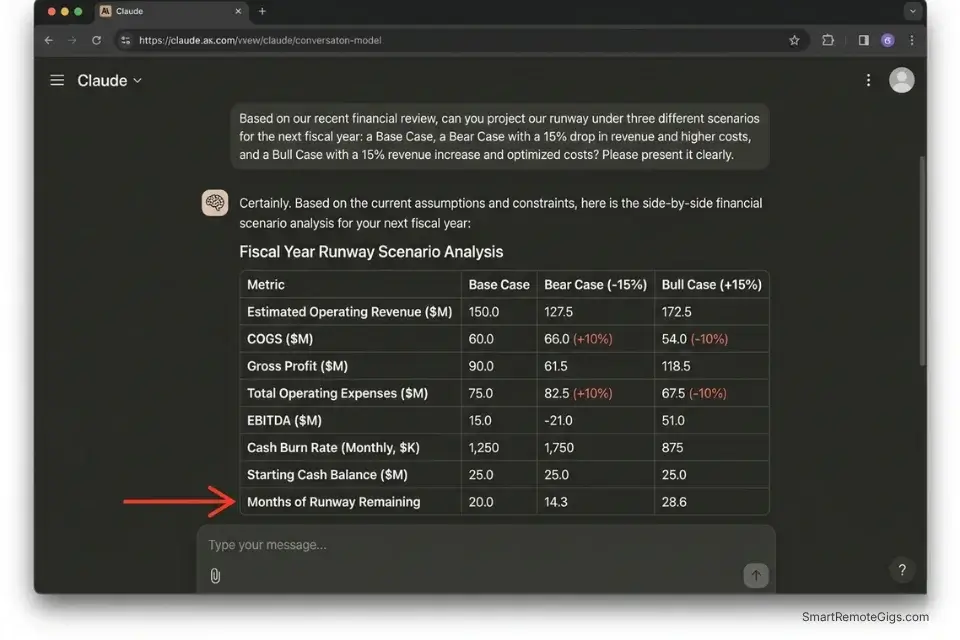 Screenshot of an AI generating a 3-scenario predictive cash flow model and runway calculation for a fractional CFO.