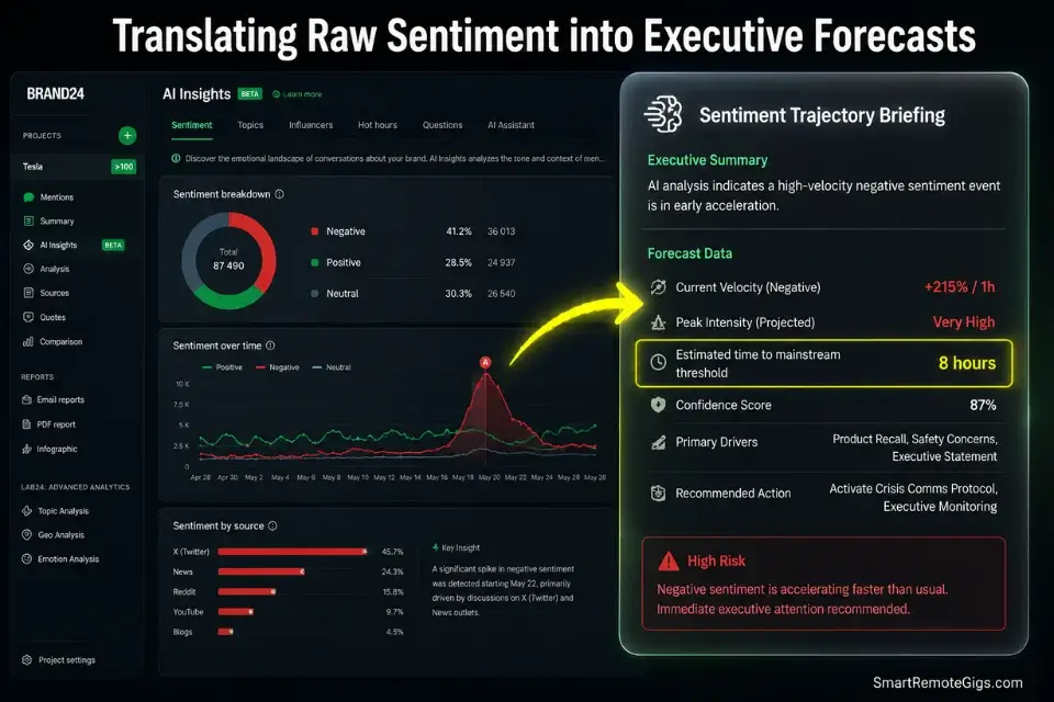 Screenshot showing an AI predictive sentiment trajectory briefing generated from raw B2B PR tracking data.