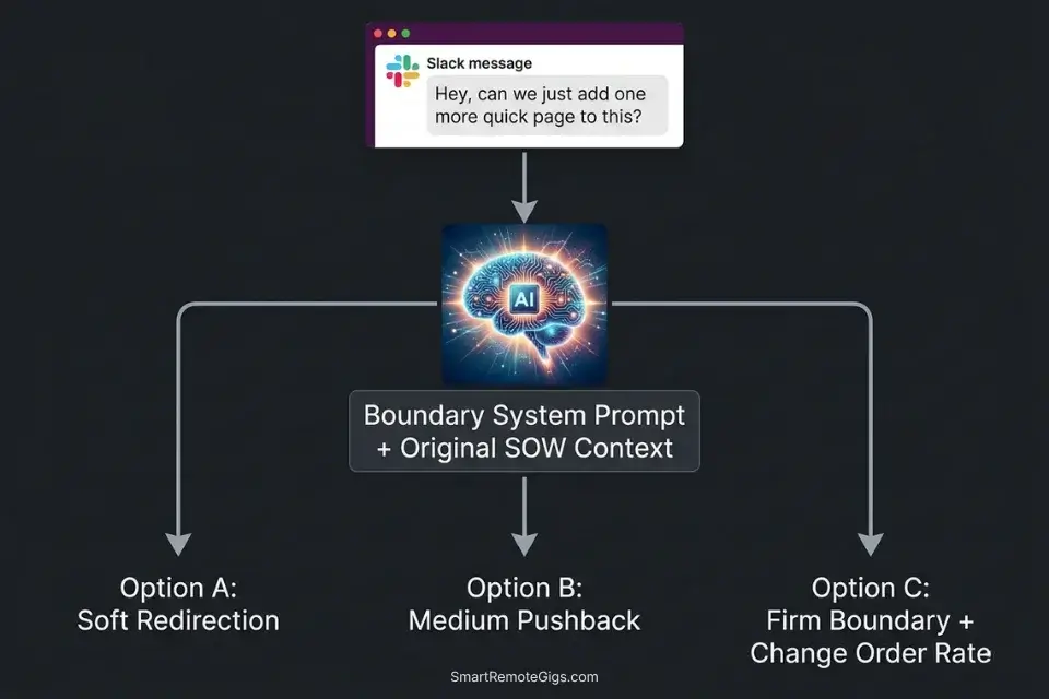 A visual workflow showing how freelancers use AI tools to generate polite pushback against client scope creep.