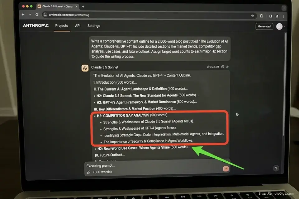A screenshot of Claude 3.5 Sonnet generating a structured SEO article outline with competitor gap analysis for freelance copywriters.
