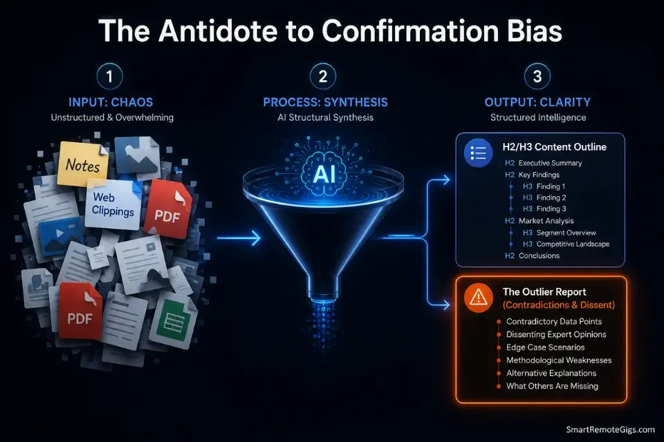 Workflow diagram showing how AI research assistants synthesize raw notes into content outlines and highlight contradictory outliers.