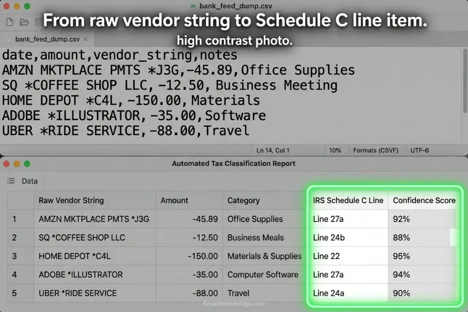 Split-screen showing raw bank transactions automatically categorized into IRS tax lines using AI for financial analysis.