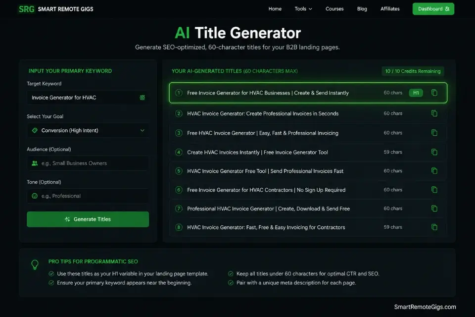 Real screenshot of the SRG AI Title Generator optimizing programmatic URLs for micro saas marketing.
