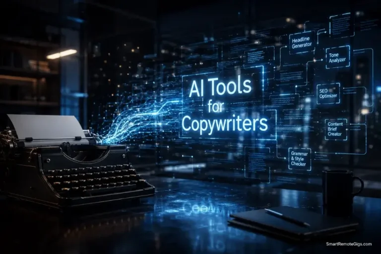 A glowing 3D holographic typewriter merging with digital data streams, illustrating the best AI tools for copywriters in 2026.