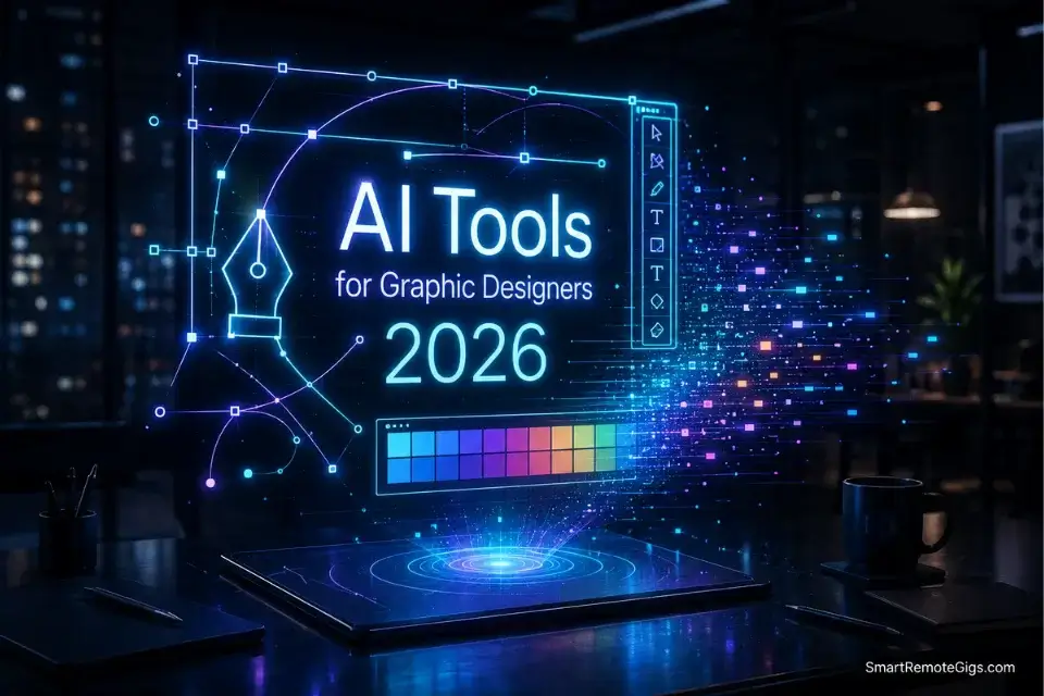 A high-end 3D rendering of floating vector paths and digital color swatches illustrating the best AI tools for graphic designers in 2026.